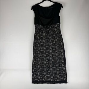 David Meister Black Floral Lace Sheath Dress with Cream Lining